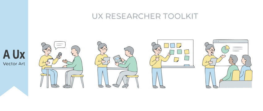 UX Researcher Toolkit Vector Set: User Interview, Usability Testing, Brainstorming with Sticky Notes, and Data Analysis Presentation. Minimalist Flat Design Illustrations for Product Design Process.