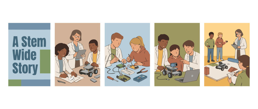 Set of four vector illustrations featuring diverse students in a STEM classroom building a robot, soldering circuit boards, using breadboards, programming, and testing sensors on a track.