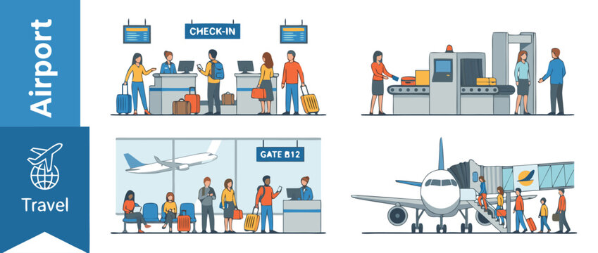 Comprehensive airport travel vector illustration set showing passengers at check-in desk, security screening with x-ray, waiting area at gate B12, and boarding a plane via jet bridge for flight.