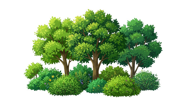 Lush green forest cluster with dense tree canopies and underbrush foliage leaves canopy, Isolated On White Background, Png Transparent