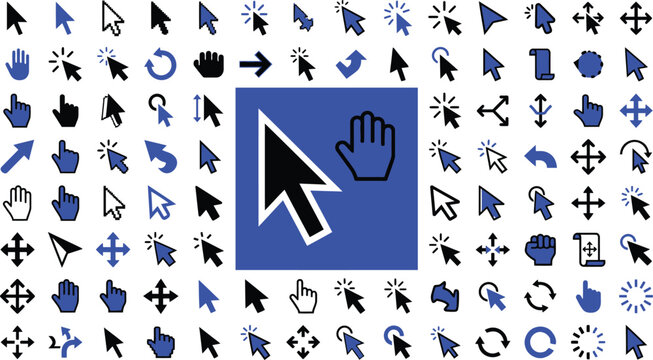 A large collection of various computer mouse cursor icons and pointer symbols arranged in a grid with a central blue box and large arrow icon