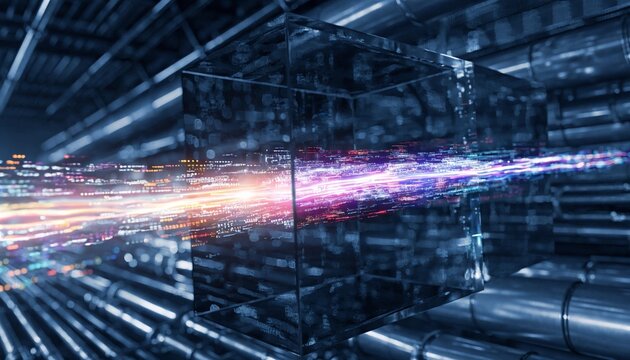Futuristic Glowing Stream of Digital Binary Code Flowing Through a Transparent Glass Cube Against a High-Tech Server Room Infrastructure Background, Representing Big Data and Quantum Computing.