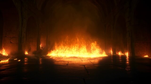 Dramatic cathedral fire: intense flames blaze through gothic arches