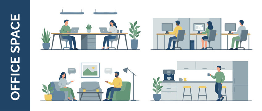 Modern Office Space Vector Illustration Set Featuring Diverse Employees Working at Desks, Cubicles, Collaborating in a Lounge Area, and Relaxing in a Kitchen Breakroom Environment.