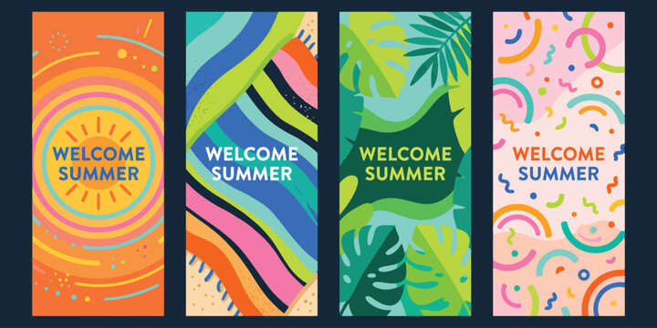 A set of four vibrant vertical summer banners featuring colorful abstract patterns tropical leaves sun motifs and playful geometric shapes for seasonal marketing design projects