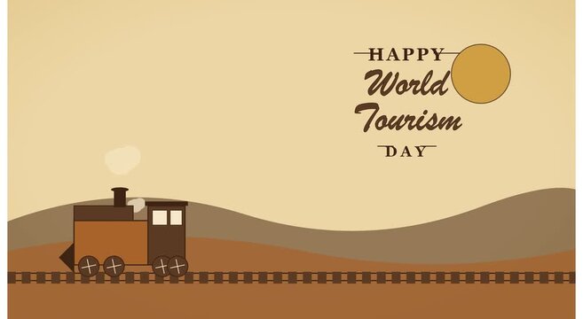 Happy tourism day motion with vintage steam train animation travel locomotive