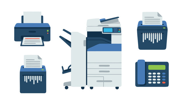 Flat Vector Set of Office Technology Equipment Including Inkjet Printer, Professional Multifunction Photocopier, Paper Shredders, and Landline Telephone Isolated on White Background for Business