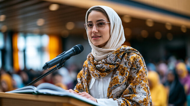 Young adult Muslim woman delivering a khutbah to a mixed gender congregation in a progressive mosque, confident posture at the podium, women religious leadership Islam reform community contemporary 