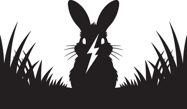 Black silhouette of a rabbit with a lightning bolt on its face sitting in high grass on a white background