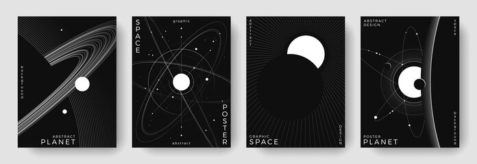 Abstract posters set of space astronomy backgrounds. Linear simple planet, galaxy. Black and white science future posters. Futuristic minimalist design for cover, banner, flyer, layout © Anastasiya Stoma