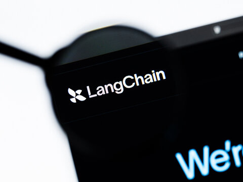 Milan, Italy 2026, 20 Apr Closeup of LangChain website on a laptop screen. LangChain logo under a magnifying glass.