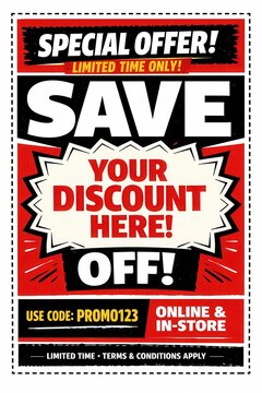Bold retail sale flyer template with discount coupon design for online and store shopping campaign