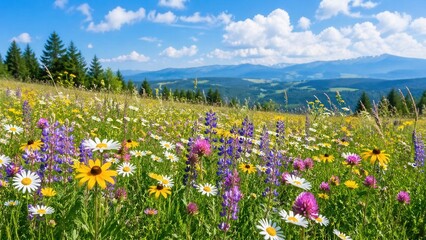 Obraz premium Colorful wildflower meadow in mountain landscape with blooming summer flowers under bright blue sky