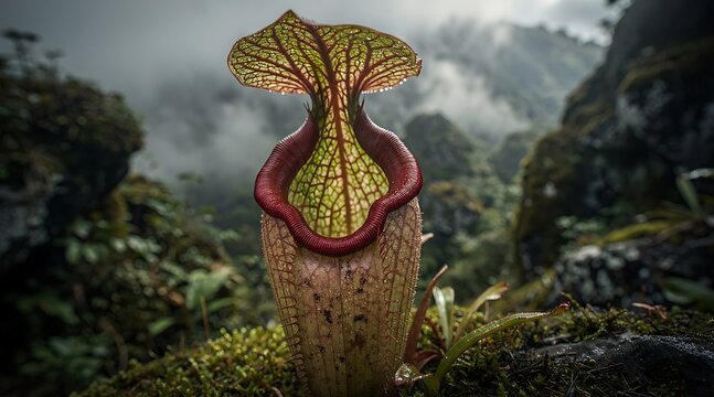 Exotic Pitcher Plant in a Misty Tropical Rainforest Environment.