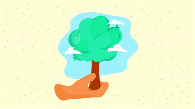 Hand lifting animation growing a green deciduous tree up to the clouds for reforestation and nature protection.