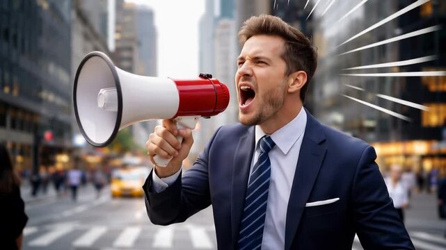 Businessman speaking through megaphone in city street promoting communication leadership and public announcement