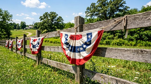 Rustic wooden fence with red white and blue patriotic bunting for Fourth of July celebration in a green countryside setting.