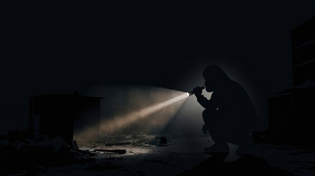 Shadowy figure searching through the darkness