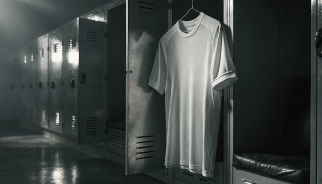 Professional unbranded soccer jersey hanging in a moody dark locker room, high-quality athletic apparel mockup with dramatic lighting and realistic fabric textures for sports branding presentation.