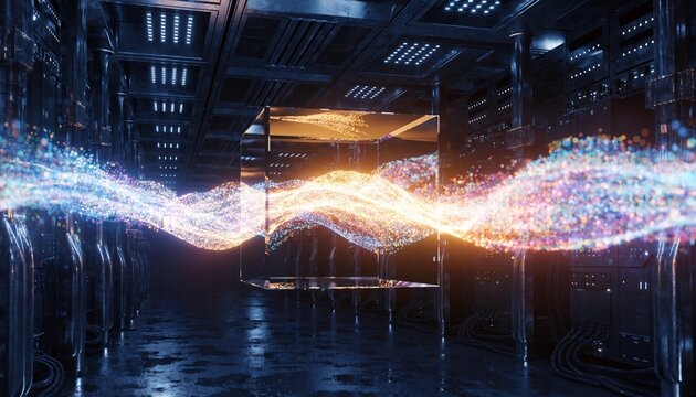 Glowing digital binary code stream flowing through a transparent glass cube on a dark high-tech infrastructure background, representing data processing, cybersecurity, and cloud computing systems.