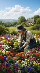 Fototapeta premium A gentle hand tending to a vibrant bloom under a hopeful sky.