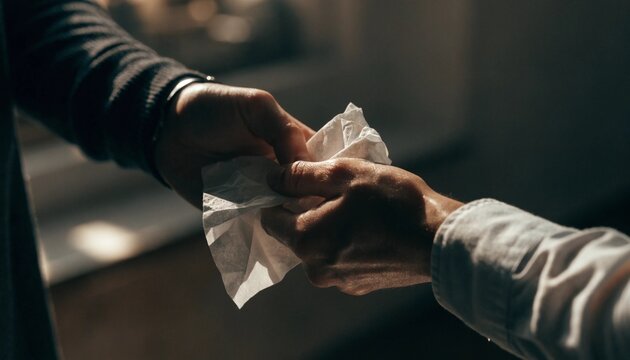 Close-up of a compassionate therapist handing a white tissue to a crying patient during a mental health counseling session, focusing on the empathetic interaction and support, photorealistic 8k.