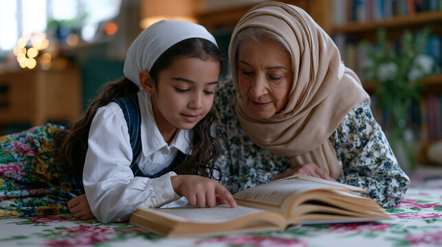 Muslim schoolgirl practicing Arabic Quran recitation with her grandmother on a floral living room rug, finger tracing the script, elderly woman nodding encouragingly, intergenerational faith transmi