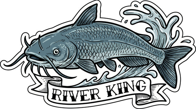 Illustrated River King catfish logo featuring a detailed river fish with a banner