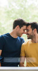 Fototapeta premium Two men tenderly touching foreheads, smiling warmly, representing love, connection, and equality, perfect for lifestyle or relationship themes