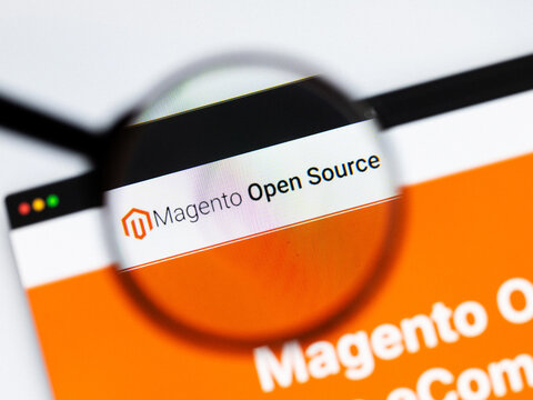 Milan, Italy 2026, 20 Apr Closeup of Magento Open Source website on a laptop screen. Magento Open Source logo under a magnifying glass.