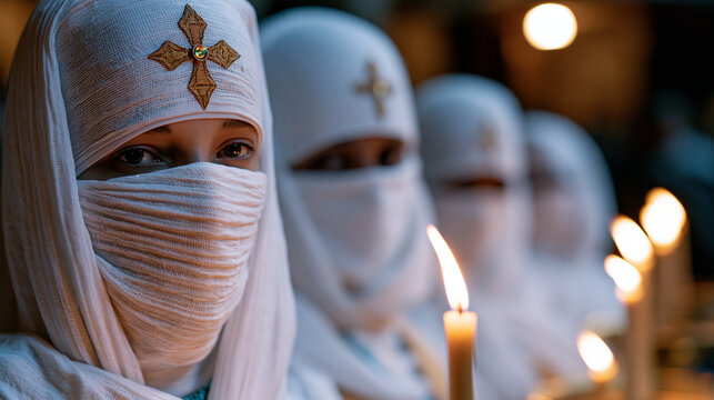 Row of Coptic Christians in white head coverings standing in candlelight during a late-night Easter vigil service, ancient liturgy Coptic Christian minority heritage faith endurance North Africa tra