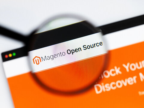 Milan, Italy 2026, 20 Apr Closeup of Magento Open Source website on a laptop screen. Magento Open Source logo under a magnifying glass.