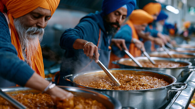 Sikh volunteers in bright turbans standing at steel prep tables inside a langar kitchen, stirring enormous pots of dhal, steam rising, community service faith seva selfless giving Sikhism gurdwara m