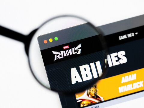 Milan, Italy 2026, 20 Apr Closeup of Marvel Rivals website on a laptop screen. Marvel Rivals logo under a magnifying glass.