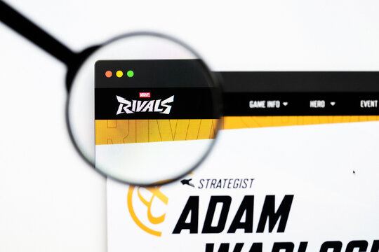 Milan, Italy 2026, 20 Apr Closeup of Marvel Rivals website on a laptop screen. Marvel Rivals logo under a magnifying glass.