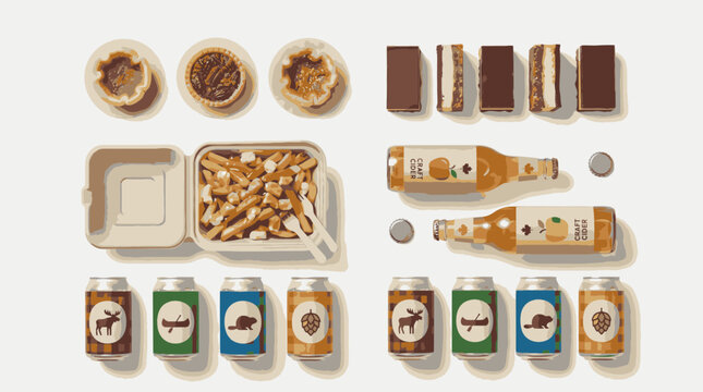 Overhead view flat lay of fast food, burgers, poutine, and craft beer cans.