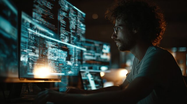 Focused developer coding with multiple monitors, warm desk lamp and coffee creating cozy latenight mood, realtime dashboard and frontend interfaces reflected on screens, iterative design