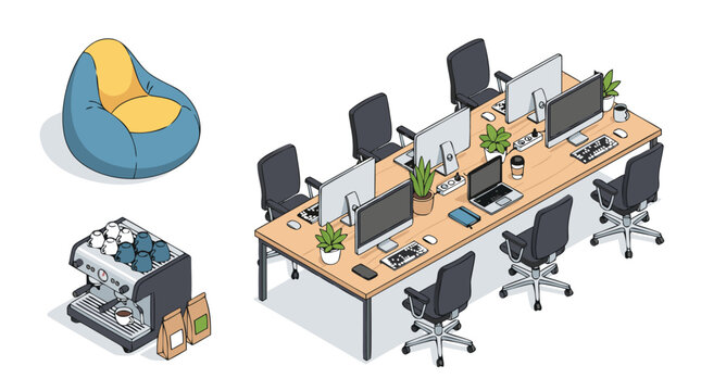 Isometric vector set of modern coworking space elements including bean bag chair, coffee machine, shared office desk, and laptop on a clean white background for interior design projects.
