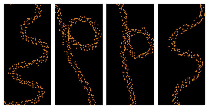 Abstract orange glowing light trails in four vertical columns with abstract particles vertical