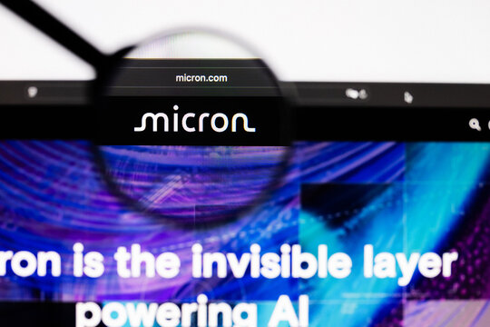Milan, Italy 2026, 20 Apr Closeup of Micron Technology website on a laptop screen. Micron Technology logo under a magnifying glass.