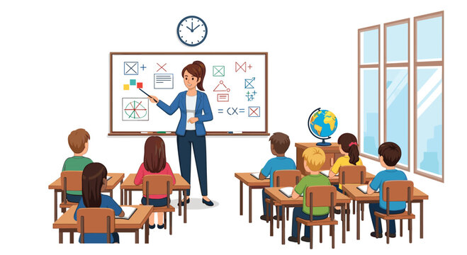 Female teacher pointing at math geometry on whiteboard while students sit at wooden desks in a classroom.