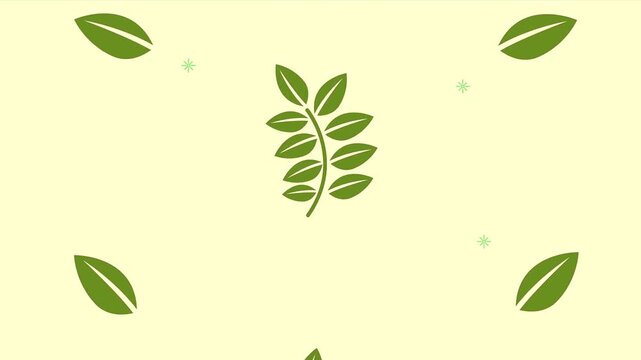 Falling green leaves pattern animation rain backdrop with simple plant branches floating down against beige canvas.