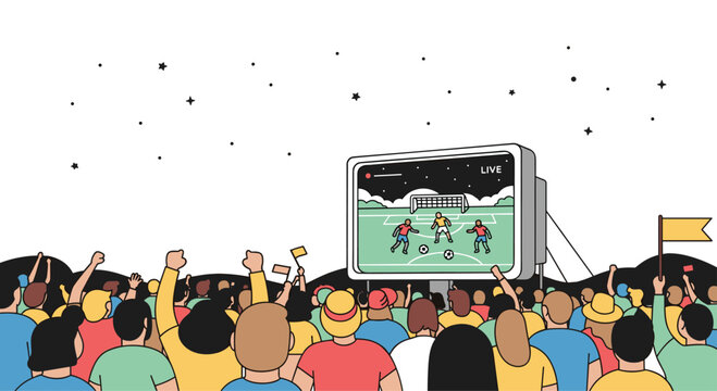 Crowd watching a live soccer match on a large screen under a starry night sky with flags waving during the sports event.