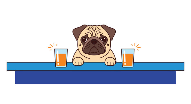 Cute pug dog sitting at a blue bar counter with two glasses of orange juice isolated on a white background for restaurant concept.