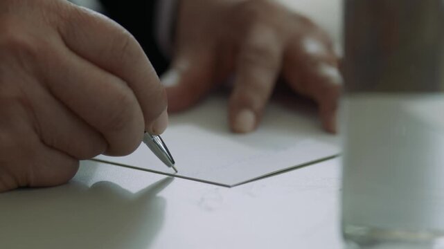 Senior Hand Writing a Letter with Silver Pen CloseUp