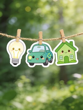 Cute Green Energy Icons Hanging on Clothesline
