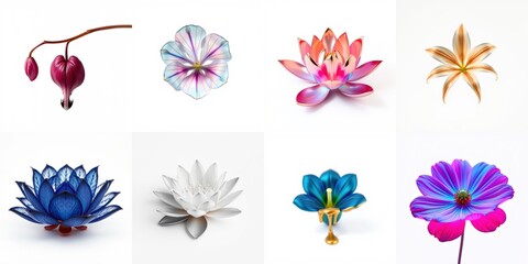 Fototapeta premium Floral collection showcases diverse blooms. Vivid colors, delicate petals, beautiful compositions. Natures artistry presented elegantly.