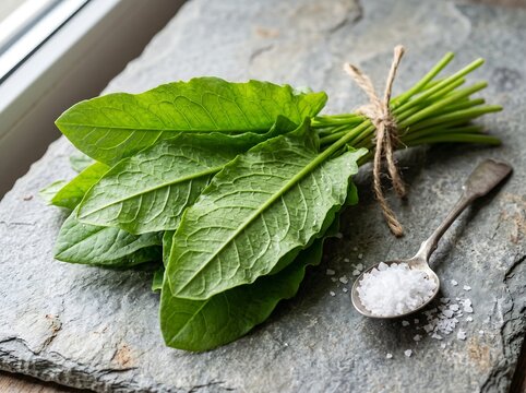 Fresh sorrel leaves with coarse salt on a grey slate