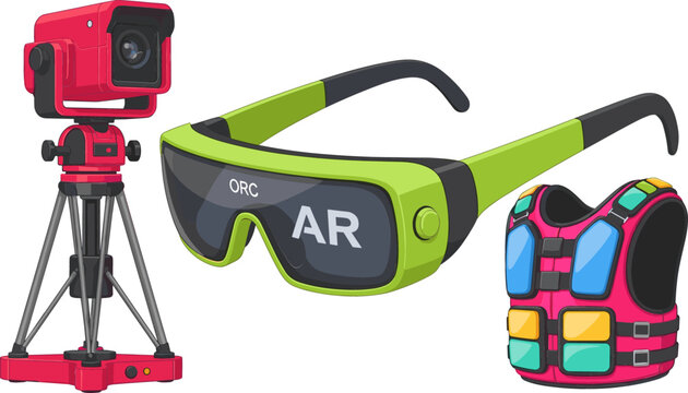 Advanced Augmented Reality Tech Vector Set with Smart AR Glasses 3D Scanner Camera Tripod and Haptic Gaming Vest Icons for Futuristic Virtual Reality Designs