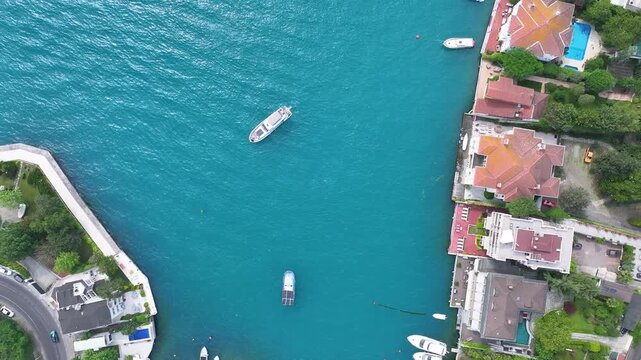 Turquoise Color Istanbul Bosphorus Beach and Buildings Drone Video, Uskudar Istanbul, Turkiye (Turkey)